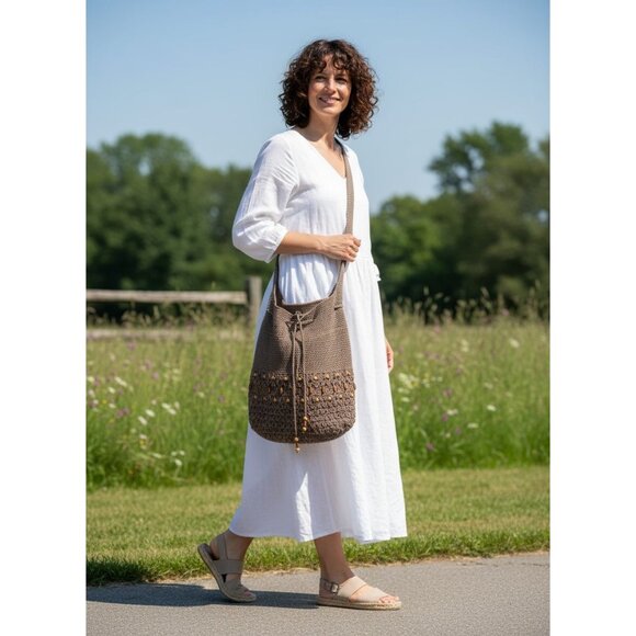 Bucket Bag Olive Crochet Shoulder Bag With Wooden Bead Details 31" Length - Picture 5 of 6